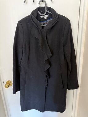 DKNY Black Ruffle-Front Wool Blend Coat